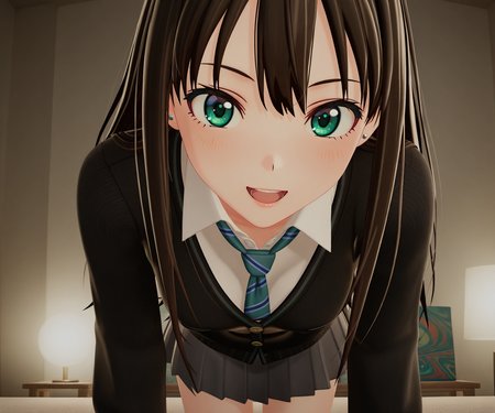 masterpiece, best quality, amazing quality, , 1girl, solo, looking at viewer, shibuya rin, cardigan, shirt, skirt, smile, open mouth,  <lora:New Kizuna AI ILL-v2:1> newkizunaai, 3d,