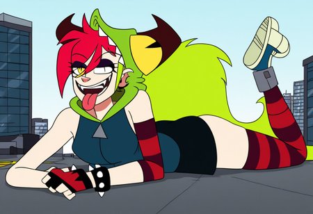 demencia, red hair, green ponytail, striped thighhighs, single striped sock, anklet, green monster hood, yellow eyes, sharp teeth, dark blue hoodie, single striped sleeve, red sneaker, blue sneaker, black skirt, smile, eyeshadow, spiked bracelet, zipper pull tab, torn pantyhose, glove, tongue out, Pov-giantess (macrogts:1.1) (laying on a city (prone) at sunset:1.1), the buildings underneath her body are crushed,