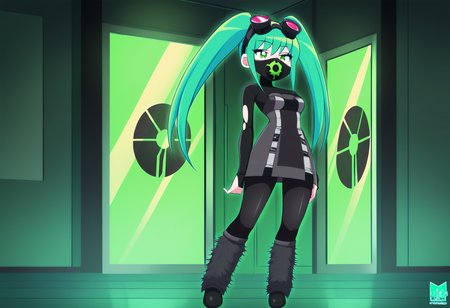 masterpiece, best quality,,detailed_background,indoors,solo,green hair,cyberlox,mouth mask,striped hair,multicolored clothes,long hair,green theme,torn clothes,torn leggings,radiation symbol,twintails,dress,goth fashion,leggings,fur leg warmers,goggles,glowing,goggles on head,green eyes,leg warmers,ezaki bisuko,multicolored dress,hair extensions,mask,cyber fashion,cybergoth,fashion,highres,1girl,shiny clothes