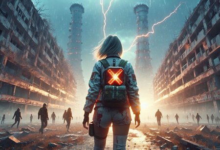 Chernobyl disaster, The nuclear power plant was destroyed after the explosion , Intercontinental ballistic missile Nuclear weapon, Russian alphabet, Apocalypse,girl,  fire,  glowing x, minimalist short outfit, anti social , running, falling snow, cyberpunk ruined ancient city, intricate details,8k post production, faithful, Religious denomination, cinematic color