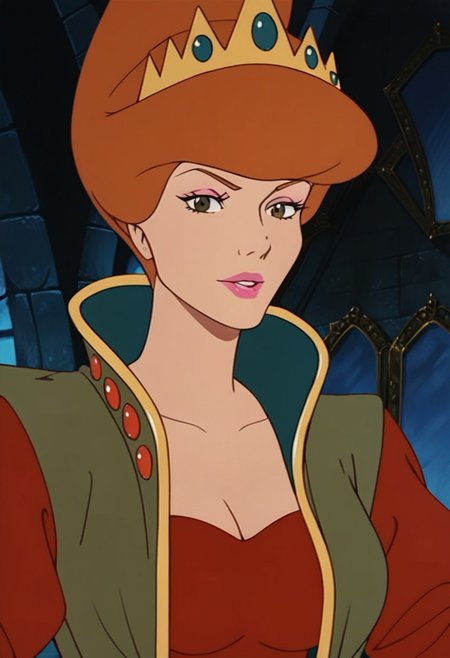 score_9_up, score_8_up, score_7_up, source_cartoon, rating_safe 
JetLagEvilQueen, brown hair, orange hair, lips, lipstick, makeup, brown eyes, breasts, medium breasts, 1girl, crown, short hair, long sleeves,  dress, red dress, cleavage, robe vest, puffy sleeves, solo, upper body, dutch angle, looking at viewer, face focus,