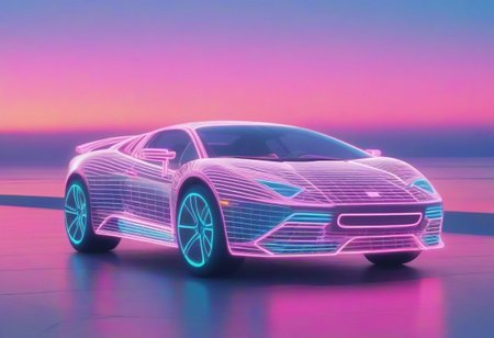 mad-vprwv  man in front of  a sportscar at the beach, sun at the neon  horizon, 1980, neon, grid, vaporwave <lora:Neon_Cyberpunk_Vaporwave_SDXL:0.8>, (masterpiece:1.2), best quality