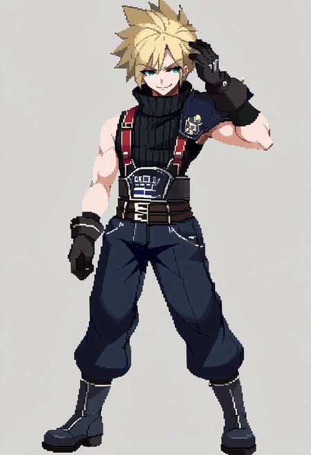 score_9, score_8_up, score_7_up, source_anime, BREAK, solo, 1boy, smirk, looking at viewer,  <lora:Under-Night-In-Birth-SpritesV2-pdxl_Fp:1>, simple background, full body, standing, <lora:cloudstrife-pdxl-nvwls-v1:1>, defCloud, blonde hair, single earring, suspenders, shoulder armor, sleeveless turtleneck, belt, baggy pants, blue pants, gloves, boots, hand on own head,