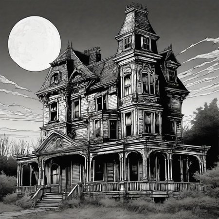 comics, graphics novel, Generate a stunning sketch lineart image [realistic], epic, cinemascope, intricate, ((best quality)), ((masterpiece)), ((realistic)) with [detailed linework], [dynamic shading] and [dramatic lighting], creepy haunted house at twilight