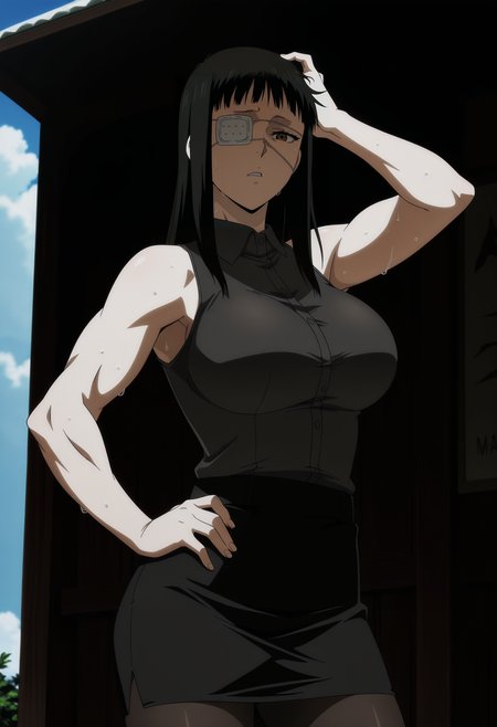1girl,solo,mm,mature female,black hair,eyepatch,brown eyes,large breasts,anime coloring,long hair,
muscular,sleeveless shirt, pencil skirt, pantyhose, hand on own hip, sweat,hot,summer,hand on own head, outdoors
,masterpiece,best quality,amazing quality,<lora:Valmet-Jormungand_ix:0.8>