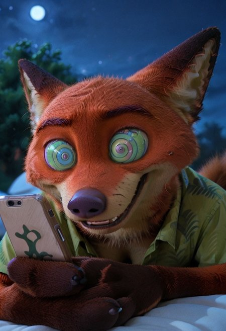 score_9, score_8_up, score_7_up, score_6_up, score_5_up,   <lora:ph0n3XLP_r1:1> ph0n3, holding phone, lying, 1boy, nick wilde zootopia disney, furry male anthro 
, cleavage, freckles, (kaa eyes), open mouth, dark night, night