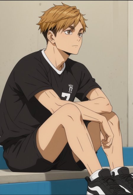 score_9, score_8_up, score_7_up, source_anime, rating_safe, Atsaikyu, 1boy, male focus, anime screencap, black Inarizaki shirt, black Inarizaki shorts, black sneakers, sitting,