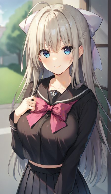 score_9,score_8_up,score_7_up,score_6_up BREAK official art,solo,outdoors,upper body,(portrait:1.5),looking at viewer,facing viewer,smile,blush,Ghost,ahoge,very long hair,white hair,hair bow,white bow,hair ribbon,white ribbon,sidelocks,bangs,blue eyes,school uniform,black sailor collar,pink bowtie,black shirt,long sleeves,large breasts,black skirt,pleated skirt,black pantyhose,loafers,<lora:Ghost(pa)-Pony:1.4>,