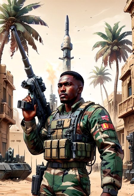 ((((outside))), day, (graphic novel style, dark novel style, 2d:1.5),(anime), (masterpiece:1.4), (colourful, soft cinematic light:1.1), incredibly lifelike, Extremely high-resolution details, 8k, best quality,extremely detailed, contrast, colorful,
shooting, ((aiming)), ((action pose)),
portable anti-aircraft missile system,  African soldier in military uniform holds a portable anti-aircraft missile system
palm trees,
courtyard inside the palace, sand, desert,