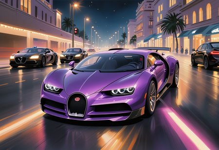 Digital illustration of a purple Bugatti tearing through the Monaco highway at night, closely pursued by a squadron of police cars. The scene unfolds under the cover of darkness, with the city's luxurious lights providing a vibrant backdrop. The Bugatti's glossy purple exterior reflects the neon glows of Monaco's nightlife as it dashes past landmarks and through tunnels, its engine's roar echoing in the night. Police lights flash in a rhythmic pattern, casting a red and blue hue over the scene, adding urgency to the chase. The contrast between the high-speed luxury car and the determined law enforcement effort creates a gripping narrative of pursuit, set against the nocturnal beauty of Monaco, where the thrill of the chase amplifies the allure of the night.photorealistic, amazing quality, ultra realistic, 3D, HD, best quality, amazing quality, very aesthetic, absurdres, <lora:extremely_detailed:0.8> extremely detailed
