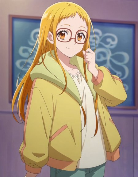 score_9, score_8_up, score_7_up, anime screencap, solo,1girl,kasuganourara,  glasses, looking at viewer, smile, jacket, semi-rimless eyewear, shirt, yellow jacket,pants,cowboy shot<lora:kasuganourara:0.8>,