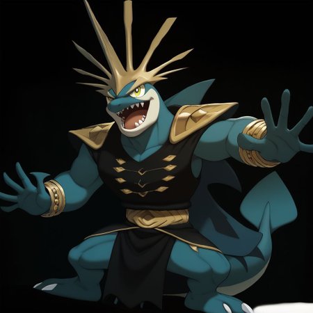 <lora:pokemon_pony_xl:1.0>, character, fake pokemon, ken sugimori art style, resembles a larger creature resembling an anthropomorphic whale dressed as an intimidating pirate captain, with gold crown-like details and an open mouth displaying sharp teeth., score_9, score_8_up, (Masterpiece:1.3) (best quality:1.2) (high quality:1.1)