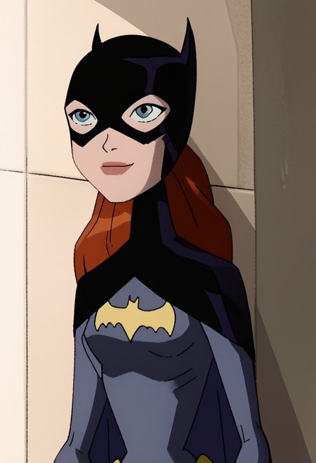 score_9_up, score_8_up, score_7_up, ben10afstyle, 1 girl, solo, batgirl, blue eyes, ginger hair, long hair, mask, gloves, bodysuit, cape, batgirl classic suit, closed_mouth, smirk, leaning against wall, arms crossed, simple background