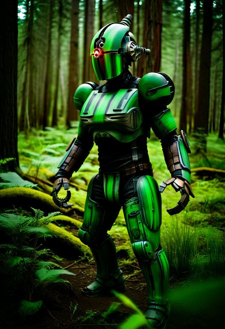 easynegative, extremely detailed, dark, chiaroscuro, low-key, AssaultronCosplay, zavy-strps, a brown assaultron robot, ((the assaultron has green stripes painted on its armor)), ((tiger stripe pattern)), in the forests of Oregon