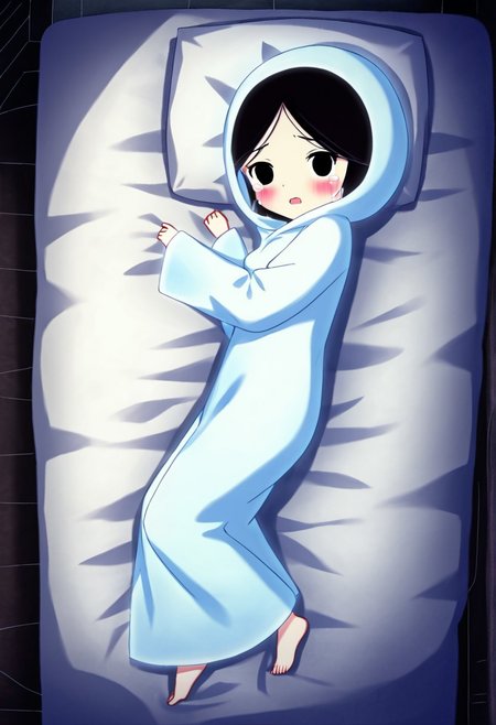 zPDXL3, source_cartoon, Perfect Hands, full body,
1girl, solo, bedroom, looking at viewer, saoirse, black hair, black eyes, blush, ghost, hood up, robe, barefoot, glowing, lying on bed, from above, lying on side, facing at viewer, feeling cold, eyes open, crying sadly, open mouth, sleeve past wrist, slim body, long body, highlight cloth wrinkle, anime style,
<lora:Perfect Hands:1>  <lora:Saoirse_-_The_Song_of_the_Sea-000009:1>