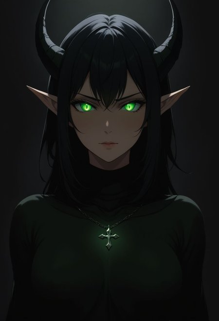 masterpiece, best quality, 1girl, perfect eyes, (green eyes:1.3), (glowing eyes:1), night elf ears, mature female, milf, (black hair:1.3), wearing a turtleneck sweater, (succubus horns:1), standing straight, dark, chiaroscuro, low-key, blushing, upper body, jewelry, cross necklace, darkest place