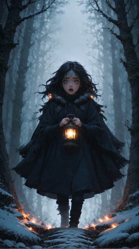 score_9, score_8_up, score_7_up, rating_safe,
1girl, solo, small breasts, black hair, black cloak, fur lined cloak, turtleneck, walking in snow towards viewer, tracks in snow, black jeans, holding up lantern, wide eyed, scared face, moonlight, tears, running mascara,
monstrous background, monster background,
dark forest, black forest, bare trees, winter forest, frost, haze, yellow fog, shadowed background, blurry background,
mounstrouse background,
horror, lovecraft horror, dark, nighttime, fireflies, looking up, open mouth, 
<lora:Expressive_H:1> <lora:princess_xl_v2:1> <lora:Fant5yP0ny:1> <lora:Vixons Pomy Styles Gothic Neon:.45> <lora:HKStyle_V3:1>