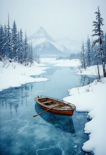 This atmospheric masterpiece delicately unfolds a Siberian winter story full of stillness and beauty, radiating a tranquil aura. The artist's captivating gaze invites us into a frozen world where an old graceful wooden rowing boat rests on a crystalline ice surface decorated with intricate snow patterns and delicate ice formations. Its sharp contours provide an elegant contrast to the pristine landscape, while nearby frozen ponds shimmer with an ethereal glow, reflecting the majestic snow-capped mountains in the distance. Encrusted pine trees stand like sentinels amidst the falling snow, dividing the desolate but mesmerizing vista into intimate segments. This exquisite depiction embodies the essence of serenity in the untamed wilderness of Siberia. ,<lora:flux/Digital painting V1.safetensors:1.0:1.0>