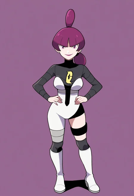 masterpiece, best quality, very aesthetic, absurdres,
1girl, jupiter \(pokemon\), purple hair, blunt bangs, hair tie, makeup, purple eyes, lipstick, 
white boots, bodysuit,
standing, full body, hands on hips,
smile, looking at viewer, solo, simple background,  <lora:JupiterNoobXL_byKonan:1>