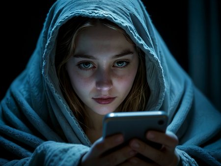 award winning photo, gothic,

In the dead of night a beautiful young woman pulls the blankets over her head and looks at her phone. Its faint blue light illuminates her face as though she glows with a pale blue light from within.
