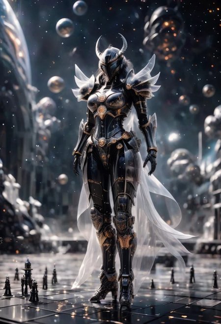 "A lone figure, Scorp the hyperpig, stands at the edge of a black and orange ocean planet's horizon, gazing out at an endless expanse. The camera captures her from a low-angled perspective, emphasizing her vulnerability against the backdrop of Conjoiner settlements' advanced technology, like magic. In the distance, a sleek, titanium-hulled 'Warp Drive Vessel' spaceship hurtles through the cosmos, its streamlined design and industrial flair glistening under nearby stars.
In the foreground, the surreal setting unfolds on an oversized chessboard, composed of black and white squares that seem to stretch into infinity. Enormous, transparent crystal chess pieces tower above the scene, their radiant glow like stars inside translucent surfaces. A lone woman stands amidst this ethereal landscape, looking lost and bewildered, her sharply detailed figure contrasting with the softly blurred background."