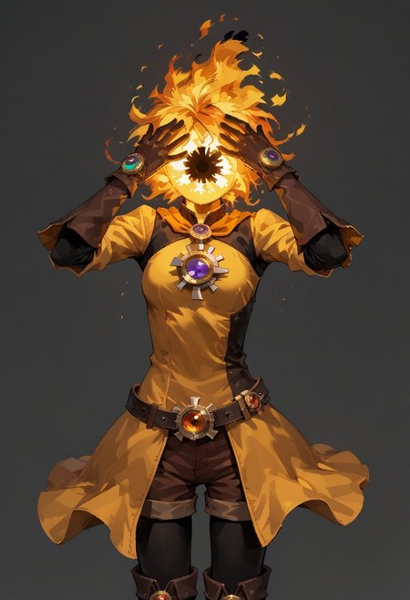 score_9, score_8_up, score_7_up, solo,
lord_of_frenzy, fire head,
crazy,
novakin, faceless, no eyes, no mouth, no nose, no facial features, short fiery yellow orange hair, body made of black plasma,
open hands, hands on face front,
hands on own head, 
upside-down, backflip,
magical girl outfit, (steampunk dress:1.1), boots, (brown shorts:1.1), black tights, medium breasts, belt, gloves, 
simple background, grey background,