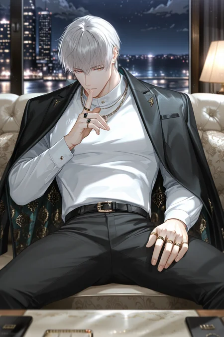 <lora:sariel-IL:0.9>,sariel, white hair, 1boy, male focus, solo, pants, jewelry, black pants, shirt, white shirt, ring, belt, sitting, night, jacket, couch, necklace, long sleeves, short hair, blurry, jacket on shoulders, black jacket, finger to mouth, black belt, leaning back, head down, looking at viewer, yaoi,bara,male focus,very awa,masterpiece,best quality,amazing quality,nsfw,uncersored,highres,best quality,amazing quality,best aesthetic,absurdres,