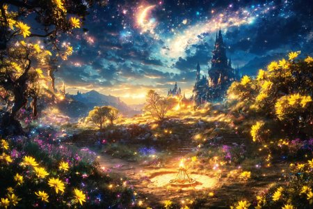 <lora:FantasyLandscape:1> , FanLan , day:1.15, soft light, fantasy living, trees, forest, magical lights, a small and winding path to the meadows, ((many yellow flowers)):1.1, (a buster sword stuck in the ground,1sword, one sword),
(masterpiece:1.2), (best quality,:1.2), 8k, HDR, ultra detailed, ((photorealistic)), professional light, cinematic lighting, fashion photography, ambient lighting, fantasy,
<lora:Night scene_20230715120543:0.7>, cozy , starry sky , star , moon ,<lora:magic particles ã­ã©ã­ã©ã¨ãã§ã¯ã v1:0.75>, ((magic particles, magic circle, magic aura)), (no humans)