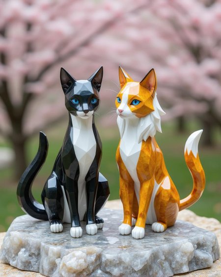 <lora:ck-polygon-gems-0019.safetensors:1> a crafted gemstone model in the style of cklg featuring a
Two cat-like beings inhabit a serene, idyllic setting amidst cherry blossom trees. The first character presents a modern edge with its sleek black and white coat, piercing blue eyes, and well-groomed fur. In contrast, the second entity embodies whimsy and fantasy with its vibrant yellow and brown hue, fluffy white mane, and inviting expression. They each display distinct personalities through their features and poses, one standing confidently, the other sitting elegantly, both showcasing long tails curled in motion.
