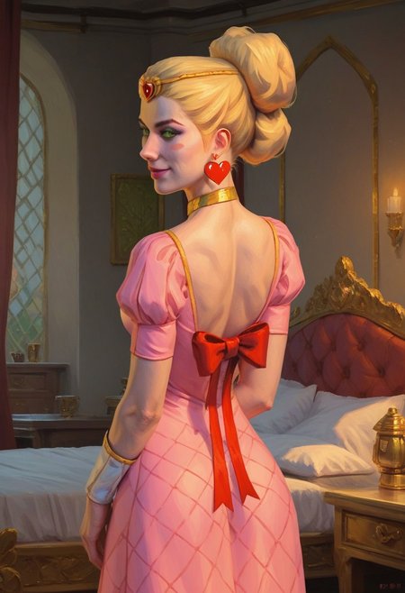 Score_9_up, score_8_up, score_7_up, score_6_up, 1girl, solo, Duchess_B_MSK, blonde hair, gold choker, green eyes, pink dress, heart earrings, from behind, red bow, gold hair bun cage,  blush stickers, gold circlet, naughty smile, looking over shoulder, adult, standing, indoors, bedroom, (realistic, painted art)