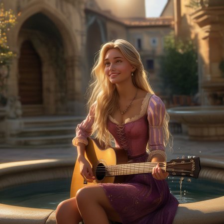 full body shot, realistic, stunningly realistic, trending on artstation, lights and shadows,rapunzel, 1girl, blonde hair, cute, sitting on the edge of a fountain, playing guitar, original style, village, upper teeth,, revealing cleavage, very seductive, detailed dress with lace, barefoot, very long blonde hair , jewelry, sexy look in the face, dynamic pose, posing gracefully on the edge of a fountain, , (masterpiece), best quality, highres, 4k, 8k, intricate detail, cinematic lighting, amazing quality, amazing shading, soft lighting, 35mm, analog style, a realistic photo, film grain, (photorealistic:0.6), taken by a canon eos r5, ultra detailed skin, ultra detailed face, perfect eye, small skin imperfections, large boobs, Stocky body, half-closed green eyes, very long blonde hair, chromatic aberration, colorful, bright colors,