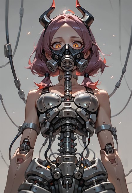 1girl,  aged down, crimson hair,  short hair,  tri tails, parted bangs,   small breasts,    
BREAK   1girl, food in mouth, incoming pocky kiss, from below,   smile,      
BREAK                  horns,  purple hair, glowing eyes, skull, fake horns, cable, cyborg, gas mask, mechanical parts, tube, respirator, (grey background),       
BREAK general, very awa, masterpiece, best quality, absurdres, highres, newest, <lora:Otididae_v1.0:0.8>