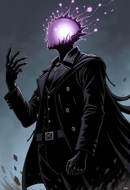 d4rkc0mic, <lora:dark-comic:0.8>, Closeup of a dark superhero with a floating orb for a head, wearing a black trench coat. He is holding his gloved hand up, making a clawing gesture.
