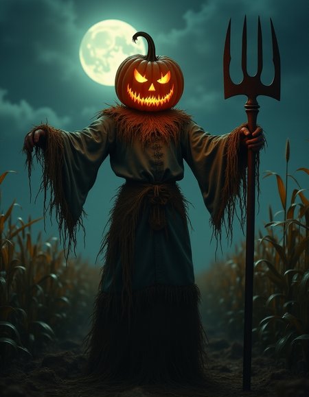 Dark Fantasy Art, Dark Moody Atmosphere, A menacing pumpkin-headed scarecrow looms in a moonlit cornfield, wielding a rusted pitchfork. Eerie orange light flickers within its carved grimace. Tattered robes billow in the autumn wind. Mystical runes glow on its straw-stuffed body, evoking ancient harvest rituals., dramatic, mysterious, dark moody atmosphere, dark, moody, dark fantasy style