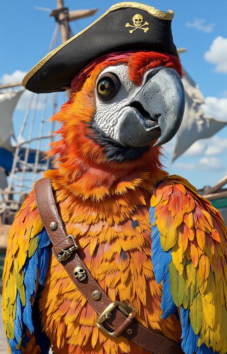 CGI-rendered image of a parrot dressed as a pirate. The parrot is anthropomorphic, with a large, expressive yellow eye and a vibrant plumage of orange, red, and yellow feathers. It wears a classic pirate hat, featuring a patch over its eye, with a skull and crossbones insignia. The parrot's beak is large and curved, and it has a textured, realistic appearance.The parrot is adorned with a brown leather strap across its chest, secured with a large, ornate buckle. The strap is decorated with small metal embellishments and a skull and crossbones charm. The feathers around its neck and chest are particularly detailed, with individual strands of feathers clearly visible.In the background, there is a portion of a pirate ship with its sails unfurled, suggesting a sea voyage. The ship is partially obscured by the parrot, but the rigging and masts are visible. The sky is a bright blue with scattered clouds, indicating a clear, sunny day. The overall scene evokes a sense of adventure and exploration, with a playful and whimsical tone., <lora:aidmaImageUpraderv0.3:0.4>, aidmaimageupgrader, <lora:diffusion_pytorch_model:1>, <lora:aidmaMJ6.1_v0.5_3:0.7>, aidmaMJ6.1, ultra quality, ultra detailed, intricate details