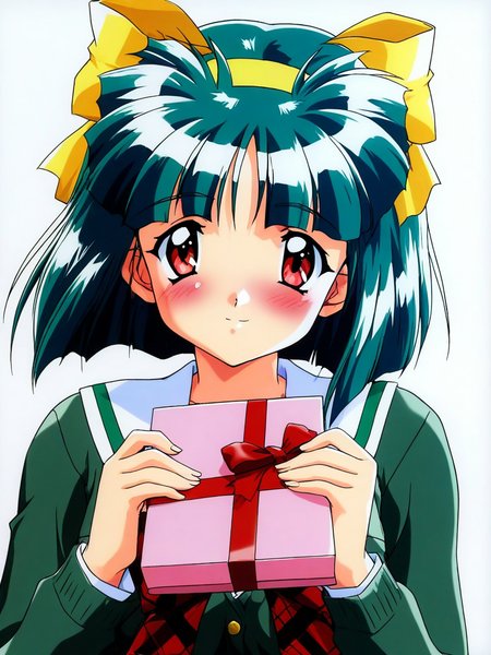 general,highres, ultra-detailed,very aesthetic,best quality ,best hands, BREAK <lora:Sakura_Kaedeko_Tokimeki_Memorial2_IS:1>
Sakura_Kaedeko(Tokimeki_Memorial2), 1girl, solo, short hair, green hair, yellow hairband, red eyes, bangs, breasts, 
smile, upper body, gift, holding, long sleeves, school uniform, simple background, holding gift, green shirt, blush, looking at viewer, ribbon, plaid, bow, valentine, white background, buttons, box, blunt bangs, shirt, light smile, serafuku