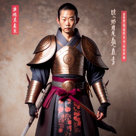 photo, painting of a man in armor holding a sword (FantasyDaimyo style:1)  <lora:djzFantasyDaimyoV21:0.8>