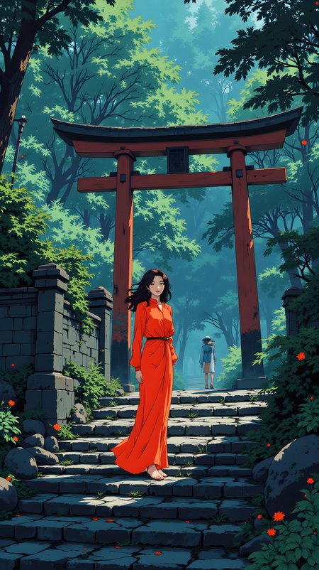 Beautifully detailed and serene illustration of a person standing in front of a traditional Japanese torii gate. The individual has long, dark hair that falls over their shoulders, adding to the overall sense of movement and texture. They are wearing a bright red dress that stands out against the greenery of the surrounding forest.
The torii gate is depicted in a realistic style, with its vibrant red color contrasting nicely with the lush green foliage. The gate is situated at the top of a stone staircase, which leads up into the dense forest. The trees and plants are rendered with intricate details, creating a sense of depth and realism.
Overall, this illustration captures a moment of quiet beauty and tranquility, with the combination of the person's attire, the soft lighting, and the detailed rendering creating a visually engaging and emotionally resonant scene. The use of color and composition adds depth and character to the artwork, making it a powerful and evocative piece.
j_art, anime, anime art, <lora:FLUX\jul\J_Anime:1.0>, <lora:FLUX\Anime Art V3:0.1>, <lora:FLUX\RM_Artistify_v1.0M:0.1>, <lora:FLUX\RetroAnimeS1.1:0.1>