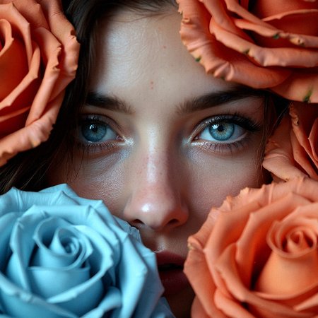 Generate an ultra-realistic, close-up image of a woman’s eyes, framed by an abundant arrangement of roses in warm terracotta and cool pastel blue hues. Her eyes, a deep and reflective blue-gray, convey a sense of mystery and calm, framed by softly curved eyebrows that accentuate her penetrating gaze. The roses surround her face, their petals unfolding in layers, creating a natural frame that contrasts with the smoothness of her skin. The lighting is subtle and soft, with gentle shadows that enhance the texture of the petals and highlight the subtle contours of her face.

The roses should be highly detailed, with each petal showing fine veins and a soft gradient of color. The warm terracotta tones should blend seamlessly with the cool blues, creating a harmonious visual balance that complements her eye color. The focus should be on capturing the photorealistic textures of her skin, the vibrant intensity of her eyes, and the lifelike quality of the roses, with an emphasis on the tactile contrast between the delicate petals and the smoothness of her skin.


































