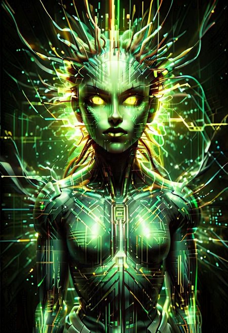 Glitch,digital, glitch style, humanoid figure, shodan, glowing yellow-green eyes, digital data and wires running in the background