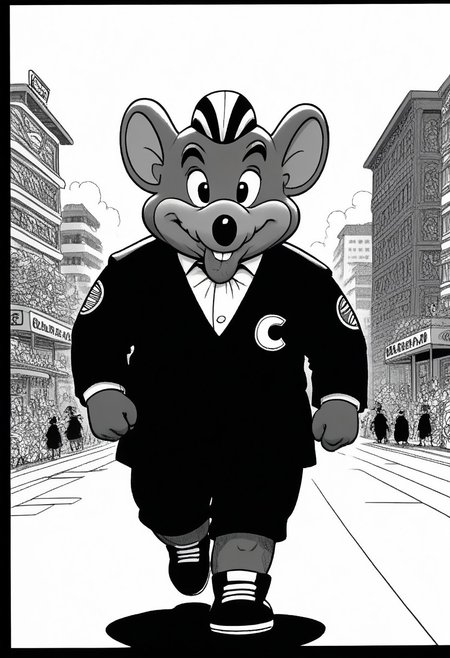 score_9, score_8_up, score_8,   <lora:Charles_Entertainment_Cheese_Avenger_Chuck_E._Cheese_for_PonyXL:0.8> furry, 1boy, chuck3chee3e, mouse boy, male focus, solo, buck teeth, black eyes, wearing Japanese high school boy uniform, toast bead in mouth, running for school, streets of Tokyo ,  monochrome, grayscale, 1980s style title page, title in large flashy letters,