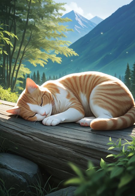 realistic, solo, cat, cute, sleeping, light_particles, nature, mountain, depth of field, the best quality, amazing quality, high quality, masterpiece,