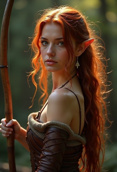 Beautiful, sexy, elegant, low lights, dynamic lighting, perfect skin, reddish-orangish hair,
BREAK,
(((Elf))), Fantasy Ranger, sexy leather armor, sexy posing, wet skin,
BREAK,
Fantasy landscape, detailed background, (simple maple bow and iron arrow, soiled revealing leather armor)