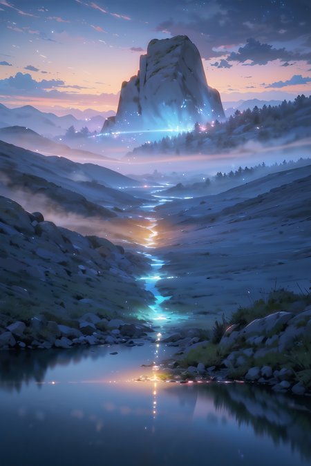 By Tomek Setowski,by Brian miller,ethereal glow. The sky should be a mesmerizing blend of deep blues and soft purples,with a faint,ethereal glow on the horizon. Show a mystical terrain,featuring delicate,bioluminescent flora and fauna that illuminate the landscape with gentle,otherworldly radiance. Let the scene emanate a sense of tranquility,mystery,and a touch of magic. Focus on intricate details and realism to create an image that transports viewers to this captivating twilight,<lora:Detailed_Places_R-128_v1:0.7>,no humans,scenery,