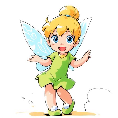 TangiriniStyle,  
score_9, score_8_up, score_7_up, source_anime, masterpiece, best quality,1boy, solo,  cute, happy, smiling, white outline,  standing, full-length portrait, forest background, TinkerWaifu, fairy wings, blue eyes, green dress, sexy, hair bun, short dress