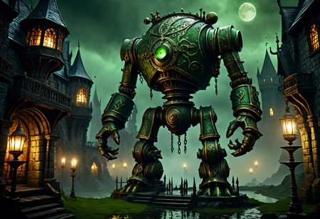 giant bipedal robot dirty pale green and dark green, bronze paisley robot. lacy robot metal kettle head. outside of a steampunk keep. large detailed torso. dark image. one forty foot tall ancient robot with great arms and two heavy spring legs. dark foggy night background. $dark foggy night image only. dark photo realistic image. steampunk details. cogs, chains and pipes incorporated in the fantasy buildings. magic wizards tower in background. Dark swamp, moss, castle ruins, wizards tower. stormy dark night.  stormy sky.