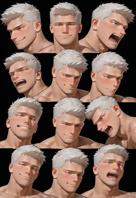 hu99y, boy, expression sheet, multiple angle, multiple view, character sheet:1.9, stubble, (black_background), shirtless, white_hair, colorful_background, 
, blush, mature, (brown_eyes:1.3), windy, dynamic shot, 

masterpiece, best quality, very aesthetic,absurdres,newest, highest detailed, windy, muscular, open mouth, happy, (curious:1.4), (furious:1.4), (surprised:1.4), shy, (moaning:1.4), (shouting:1.4), (crooked smile), (crazy:1.4), (sad), (cry, tears:1.4), dramatic, 