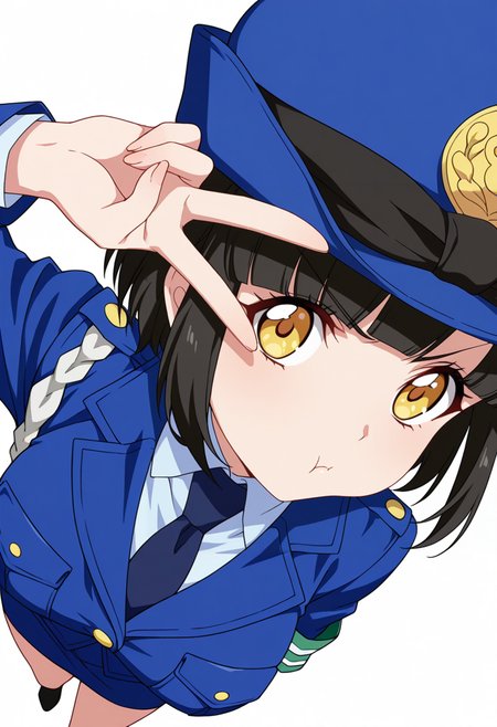 Smooth Quality,masterpiece,very intricate, high quality details, ultra realistic, high detailed skin,detailed enviorement,absurdres,
v over eye,
 <lora:Tachibana_Mei_CNR:0.8> mei_cnr,  black hair, short hair, bob cut, blunt bangs, yellow eyes, large breasts,mei_cnr_def, 1girl,police uniform, blue jacket, shirt, collared shirt, pencil skirt, blue necktie, armband, police hat, breast pocket,black footwear,, pout,, simple background, white background, sideways,solo,