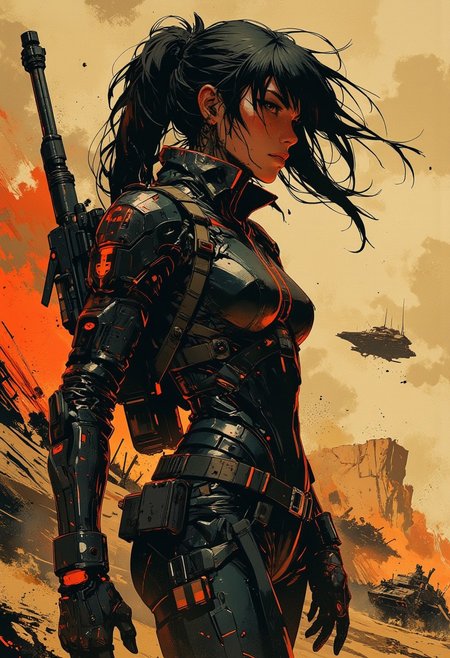 in the style of ck-mgs, nistyle, Inkplash art on rice paper, sepia, henna, Silhouette Art, magnificent, inksplash, closeup portrait, female bounty hunter, flowing black hair, reflective black and neon red armor, futuristic armor, a rifle strapped to her back, holstered pistol, holding hand up to block dust flying in her eyes, abstract background suggesting a harsh desert world, Spaceships flying overhead, dust storm, windy, 
Cowboy Shot, close up,