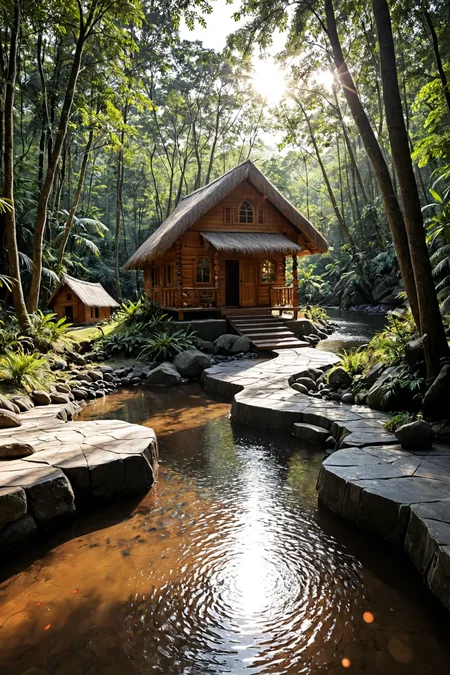 photo, photography, Fujifilm XT3 Viltrox, ((very detailed)), sharp focus, sharp background,  best quality, beautiful landscape, rainforest, jungle, sacred earth, stream, water ripples reflections, (small river pond), rainforest, hut, tribal amazon village, stunning nature environment, (bright sunny sky), high contrast, cinematic (lights), backlight, shadows, lens flare, vibrant colors, colorful, Cotton Candy Pink flowers and leaves,  <lora:add-detail-xl:1>  <lora:Better Blur Control:1>